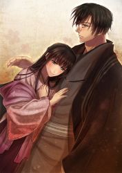 Rule 34 | 1boy, 1girl, black hair, blush, brown eyes, brown hair, glasses, hand on another&#039;s chest, hand up, hetero, izumi (stardustalone), japanese clothes, kimono, long hair, looking at another, original, renri no chigiri wo kimi to shiru, simple background, smile, standing