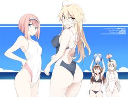 Rule 34 | 10s, 4girls, ark royal (kancolle), ass, ball, beachball, bikini, black bikini, black one-piece swimsuit, blonde hair, blue eyes, blue sky, character name, cloud, competition swimsuit, day, double bun, from behind, front-tie top, hairband, horizon, iowa (kancolle), kantai collection, kongou (kancolle), long hair, looking at viewer, multiple girls, one-piece swimsuit, red hair, shigino sohuzi, short hair, side-tie bikini bottom, sky, swimsuit, umbrella, warspite (kancolle), white one-piece swimsuit