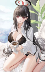 Rule 34 | 1girl, absurdres, bed, bed sheet, black hair, black halo, black panties, blue archive, blunt bangs, bra, breasts, bright pupils, coffee mug, collared shirt, commentary, cup, hair ornament, hairclip, halo, highres, holding, holding cup, kneeling, lace, lace-trimmed bra, lace-trimmed panties, lace trim, large breasts, lingerie, long hair, long sleeves, looking at viewer, mizurin, morning, mug, on bed, panties, pillow, red eyes, rio (blue archive), shirt, solo, underwear, very long hair, white pupils