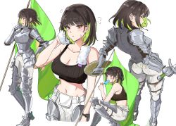 Rule 34 | 1girl, absurdres, armor, armored boots, banner, bare shoulders, battle standard, blush, boots, breasts, brown eyes, brown hair, buckler, collarbone, commentary, drying, earrings, english commentary, eyebrows hidden by hair, flag, food, food in mouth, gauntlets, greaves, green hair, highres, hot, jewelry, knight, large breasts, mole, mole on breast, mole under eye, multicolored hair, navel, original, ormille, pauldrons, plate armor, popsicle, popsicle in mouth, shield, shoulder armor, simple background, stomach, streaked hair, sweat, sword, towel, towel around neck, undressing, war flag, weapon, white background