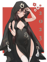 Rule 34 | 1girl, 2023, alternate costume, arm up, bare shoulders, black cape, black dress, black nails, blush, border, bracelet, breasts, breasts apart, brown hair, cape, cleavage cutout, closed mouth, clothing cutout, covered navel, cowboy shot, dress, facepaint, genshin impact, highres, hu tao (genshin impact), jewelry, long hair, looking at viewer, mirei-yume, nail polish, outside border, pelvic curtain, red background, red eyes, sleeveless, sleeveless dress, small breasts, smile, solo, symbol-shaped pupils, tassel, thighhighs, white border, white thighhighs