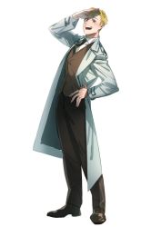 Rule 34 | 1013 1014rt, 1boy, alphonse elric, aqua coat, backlighting, black footwear, black pants, blonde hair, blush, brown vest, casual, coat, collared shirt, contrapposto, fingernails, full body, fullmetal alchemist, green neckwear, half-closed eyes, hand on own hip, hand on own head, hand up, happy, highres, light blush, long legs, looking at viewer, lower teeth only, male focus, necktie, nose blush, open clothes, open coat, open mouth, pants, shade, shirt, shoes, simple background, smile, standing, teeth, upper teeth only, vest, white background, white shirt, yellow eyes