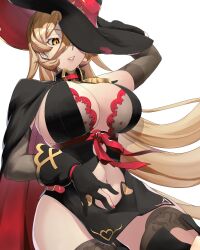 Rule 34 | 1girl, absurdres, black cape, black gloves, blonde hair, boots, bra, bra peek, bra strap, breasts, cape, chahanam, cleavage, clothing cutout, elbow gloves, gloves, hair between eyes, hat, highres, knee boots, large breasts, long hair, multicolored cape, multicolored clothes, navel, navel cutout, nijisanji, nui sociere, nui sociere (1st costume), partially fingerless gloves, red bra, sleeveless, solo, thigh strap, torn clothes, torn hat, underwear, very long hair, virtual youtuber, white background, witch hat, yellow eyes