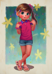 Rule 34 | 1girl, abstract background, aqua eyes, bad id, bad pixiv id, brown hair, child, collared shirt, commentary, crossed ankles, denim, denim shorts, earrings, english commentary, feet, fine fabric emphasis, flip-flops, full body, grin, hair ornament, twirling hair, hairpin, heart, heart hair ornament, highres, idfer, jewelry, legs, nose, original, pink shirt, polo shirt, realistic, sandals, scrunchie, shirt, short shorts, short sleeves, shorts, side ponytail, signature, smile, solo, tareme, toes, toon (style), wrist scrunchie