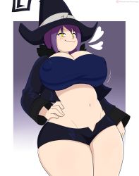 Rule 34 | 1girl, absurdres, blair (soul eater), breasts, curvy, hat, highres, huge breasts, jinu (jinusenpai), large breasts, navel, purple hair, smile, solo, soul eater, tagme, thick thighs, thighs, yellow eyes