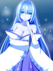 Rule 34 | 1girl, bare shoulders, blue eyes, blue hair, blue skin, blurry, blurry background, breasts, cleavage, colored skin, hand up, long hair, looking at viewer, monster girl, original, outdoors, pale skin, rethnick, snowflake print, solo, standing, yuki onna
