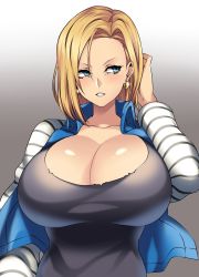 Rule 34 | 1girl, absurdres, alternate breast size, android 18, arm up, bad id, bad twitter id, black shirt, blonde hair, blue eyes, breasts, denim, denim jacket, dragon ball, dragonball z, earrings, facing viewer, gigantic breasts, gradient background, grey background, highres, huge breasts, hz (666v), jacket, jewelry, layered clothes, long sleeves, open mouth, shirt, short hair, simple background, solo, striped, striped sleeves, upper body