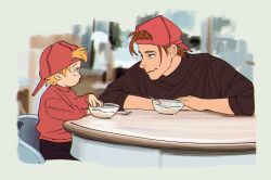 Rule 34 | 2boys, backwards hat, baseball cap, border, bowl, br&#039;er fox (disney), brown hair, brown shirt, child, grey border, hat, humanization, looking at another, male focus, multiple boys, nick wilde, orange hair, parted lips, red hat, red shirt, shirt, short hair, song of the south, spoon, table, uochandayo, zootopia