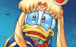 Rule 34 | 1boy, bird, bishoujo senshi sailor moon, bishoujo senshi sailor moon s, black eyes, blonde hair, blue background, blue bow, blue bowtie, blue sailor collar, bow, bowtie, choker, commentary, cosplay, derivative work, diadem, disney, donald duck, duck, english commentary, furry, furry male, highres, looking at viewer, meme, open mouth, parody, red bow, red bowtie, red choker, ry-spirit, sailor collar, sailor moon, sailor moon (cosplay), sailor moon redraw challenge (meme), school uniform, screenshot redraw, serafuku, signature, solo, sweatdrop, tears, twintails