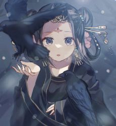 Rule 34 | 1girl, animal, bird, black dress, black hair, commentary request, crow, double bun, dress, facial mark, flower, forehead, forehead mark, from above, grey eyes, hair bun, hair flower, hair ornament, hair rings, hair stick, hand up, koukyuu no karasu, liu shouxue, long hair, long sleeves, looking at viewer, looking up, parted lips, pink flower, red lips, shano-pirika, sleeves past wrists, solo, wide sleeves