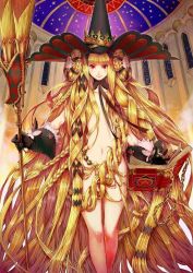Rule 34 | 10s, 1girl, artist request, blonde hair, book, broom, chain chronicle, chain, crown, fatima (chain chronicle), gloves, hair censor, hat, jpeg artifacts, long hair, navel, nude, official art, red eyes, solo, very long hair, witch hat