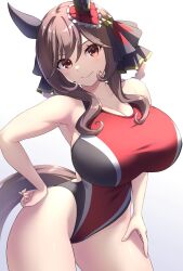 Rule 34 | 1girl, absurdres, animal ears, breasts, brown hair, competition swimsuit, covered navel, cowboy shot, gentildonna (umamusume), hand on own hip, heart-shaped ornament, heart ear ornament, highleg, highleg swimsuit, highres, horse ears, horse girl, horse tail, huge breasts, large breasts, one-piece swimsuit, pataneet, red eyes, sidelocks, simple background, smile, solo, swimsuit, tail, two-tone swimsuit, umamusume, white background