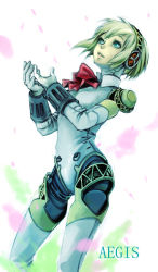Rule 34 | 1girl, aegis (persona), android, atlus, blonde hair, bow, bowtie, cowboy shot, looking up, persona, persona 3, red bow, red bowtie, saza, short hair, solo, standing