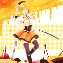 Rule 34 | 10s, 1girl, blonde hair, boots, cake, cherry, cookie, cup, detached sleeves, drill hair, fingerless gloves, food, fork, fruit, gloves, gun, hair ornament, hat, honey, low twintails, magical girl, magical musket, mahou shoujo madoka magica, mahou shoujo madoka magica (anime), musket, nail polish, open mouth, pocky, ribbon, shiuka, skirt, smile, solo, strawberry, teacup, thighhighs, tomoe mami, twin drills, twintails, weapon, yellow eyes, zettai ryouiki