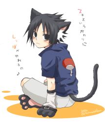 Rule 34 | 1boy, animal ears, black eyes, black hair, cat, cat ears, cat tail, crest, family crest, full body, kubyou azami, looking back, lowres, male focus, naruto, naruto (series), sitting, solo, tail, uchiha sasuke, white background