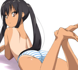 Rule 34 | 00s, 1girl, a1 (initial-g), artistic error, ass, back, bad anatomy, barefoot, black hair, feet, k-on!, looking back, nakano azusa, one-piece tan, panties, panties only, solo, striped clothes, striped panties, tan, tanline, topless, underwear, underwear only