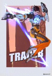 Rule 34 | 1girl, bodysuit, border, brown eyes, brown hair, character name, commentary request, dual wielding, full body, goggles, grey border, gun, handgun, highres, holding, holding gun, holding weapon, looking at viewer, looking down, outside border, overwatch, overwatch 1, parted lips, passimo, short hair, smile, solo, thigh strap, tinted eyewear, tracer (overwatch), twitter username, weapon, white footwear