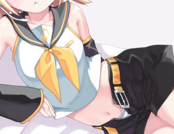 Rule 34 | 1girl, :o, armlet, belly, belt, blonde hair, blush, buckle, collarbone, head out of frame, kagamine rin, kiira, lowres, lying, midriff, navel, on side, open belt, open fly, panties, parted lips, sailor collar, school uniform, serafuku, short hair, simple background, solo, spread legs, stomach, underwear, vocaloid, white background, white panties