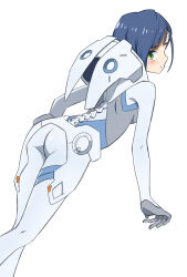 Rule 34 | 1girl, ass, blue bodysuit, blue hair, blush, bob cut, bodysuit, breasts, closed mouth, commentary, curled fingers, darling in the franxx, dutch angle, expressionless, feet out of frame, green eyes, grey bodysuit, hair ornament, hairclip, head tilt, highres, hood, hood down, ichigo (darling in the franxx), looking at viewer, looking back, pilot suit, shaft look, short hair, simple background, skin tight, small breasts, solo, standing, sumiyama, two-tone bodysuit, walking, white background, white bodysuit