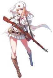 Rule 34 | 1girl, belt, belt pouch, blonde hair, blue eyes, blush, bolt action, boots, brown footwear, cape, commentary request, dress shirt, full body, fur hat, fur trim, girls&#039; frontline, gloves, gun, hand on own head, hat, knee boots, long sleeves, looking at viewer, mosin-nagant, mosin-nagant (girls&#039; frontline), nightmaremk2, official art, personification, pouch, rifle, russia, shirt, simple background, skirt, smile, solo, soviet, standing, star (symbol), ushanka, weapon, white background, white gloves, white skirt, wood