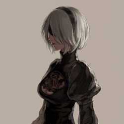 Rule 34 | 1girl, 2b (nier:automata), blindfold, breasts, cleavage, cleavage cutout, clothing cutout, covered eyes, dress, female focus, from side, grey background, highres, jun (navigavi), nier:automata, nier (series), short hair, simple background, solo, turtleneck, turtleneck dress, white hair