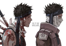 Rule 34 | 1boy, bandages, black eyes, black hair, blood, blood on clothes, blood on face, bloody bandages, bloody weapon, broken, broken sword, broken weapon, character name, character profile, character sheet, fisher903, forehead protector, male focus, momochi zabuza, naruto, naruto (series), ninja, open mouth, short hair, simple background, solo, spiked hair, stab, sword, v-shaped eyebrows, vest, weapon, white background