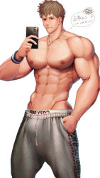 Rule 34 | 1boy, abs, angry, bara, biceps, brown hair, bulge, cellphone, hand in pocket, highres, jewelry, large pectorals, male focus, male underwear, male underwear peek, manly, mature male, meisho hanten, messy hair, muscular, muscular male, navel, necklace, nipples, original, pants, pectorals, phone, red eyes, solo, speech bubble, spiked hair, thick arms, topless male, track pants, underwear, veins, white background, wristband