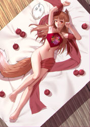 Rule 34 | 1girl, :d, akashiro yulice, animal ear fluff, animal ears, apple, arm up, barefoot, blunt bangs, blush, bottomless, brown hair, collarbone, commentary, commission, criss-cross halter, english commentary, food, from above, fruit, full body, halterneck, holo, long hair, looking at viewer, lying, navel, on back, open mouth, red eyes, sash, smile, solo, spice and wolf, straight hair, tail, very long hair, wolf ears, wolf girl, wolf tail, wooden floor