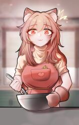 Rule 34 | 1girl, animal ear fluff, animal ears, apron, arknights, bowl, commentary request, eyelashes, gravel (arknights), han han xiao leng, highres, holding, holding bowl, indoors, long hair, looking at viewer, oven mitts, pink apron, pink eyes, pink hair, shirt, short sleeves, solo, upper body, very long hair