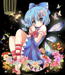 Rule 34 | 1girl, arm ribbon, barefoot, bird, bird wings, blue dress, blue eyes, blue hair, blush, bow, bug, butterfly, cirno, dress, feet, flower, hair bow, hair ornament, hairclip, highres, ice, ice crystal, ice wings, insect, leg ribbon, looking at viewer, matching hair/eyes, puffy sleeves, ramudia (lamyun), ribbon, shirt, short sleeves, solo, touhou, wings