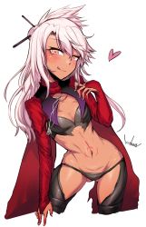 Rule 34 | :p, absurdres, breasts, bridal gauntlets, chloe von einzbern, collarbone, contrapposto, dark-skinned female, dark skin, fate/grand order, fate/kaleid liner prisma illya, fate (series), gluteal fold, hand on own chest, heart, highres, licking lips, long hair, looking at viewer, navel, orange eyes, pink hair, simple background, small breasts, solo, tattoo, tongue, tongue out, white background