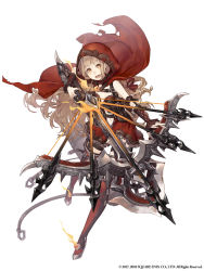 Rule 34 | 1girl, :d, absurdres, arrow (projectile), blonde hair, boots, bow (weapon), cape, crossbow, frilled skirt, frills, full body, highres, hood, jino, red riding hood (sinoalice), long hair, looking at viewer, navel, official art, open mouth, quiver, sinoalice, skirt, smile, thigh boots, thighhighs, very long hair, weapon, white background, yellow eyes