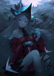 Rule 34 | 3syo, :o, afloat, arknights, bare shoulders, dress, foot out of frame, frills, gloves, grey hair, hair ornament, hat, highres, leg ribbon, long hair, looking at viewer, neckerchief, red dress, red eyes, ribbon, skadi (arknights), skadi the corrupting heart (arknights), sleeve garter, solo, very long hair