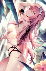 Rule 34 | 1girl, arm up, armband, armpits, artist name, bare shoulders, breasts, crown, fate/grand order, fate (series), flower, hand on own head, head tilt, hip focus, kousaki rui, long hair, looking at viewer, looking to the side, medb (fate), medium breasts, one-piece swimsuit, parted lips, pink hair, shade, sideboob, signature, slingshot swimsuit, solo, sunlight, swimsuit, thighs, wet, white one-piece swimsuit, yellow eyes