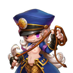 Rule 34 | 00s, 1girl, @ @, armband, blue hat, blush, breasts, chibi, fingerless gloves, fishnet legwear, fishnets, gloves, gold trim, grin, half-closed eyes, happening18, hat, long hair, maplestory, maplestory 2, necktie, nipples, peaked cap, police, police hat, police uniform, policewoman, purple eyes, pussy, shaded face, sharp teeth, simple background, smile, solo, tagme, teeth, uncensored, uniform, waistcoat, whip, white background, white hair, windy4th