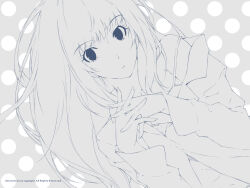 Rule 34 | 1girl, camisole, company name, dress shirt, highres, innocent grey, interlocked fingers, kara no shoujo, kuchiki touko, lineart, long hair, looking at viewer, monochrome, official art, open clothes, open mouth, open shirt, own hands together, polka dot, polka dot background, shirt, solo, sugina miki