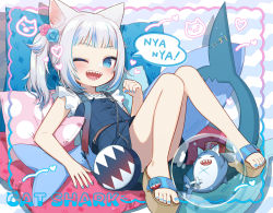 Rule 34 | 1girl, ;d, animal ears, bloop (gawr gura), blue dress, blue eyes, blue hair, blue nails, blunt bangs, cat ears, commentary request, dress, feet, fingernails, fins, fish tail, full body, gawr gura, gawr gura (casual), highres, hololive, hololive english, legs, looking at viewer, midriff peek, multicolored hair, nail polish, official alternate costume, one eye closed, open mouth, pillow, sandals, shark tail, sharp teeth, short hair, side ponytail, smile, tail, teeth, toes, two-tone hair, uchako, virtual youtuber, white hair