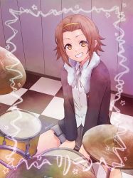 Rule 34 | 1girl, blush, brown eyes, brown hair, commission, drum, drum set, grey skirt, grin, hairband, highres, indoors, instrument, k-on!, looking at viewer, parted lips, pleated skirt, short hair, sitting, skeb commission, skirt, smile, solo, sweat, tainaka ritsu, teeth, twitter username, unyon