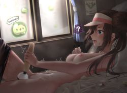 Rule 34 | 1girl, ?, bed, blue eyes, blush, breasts, brown hair, clothes pull, commentary request, creatures (company), curtains, double bun, english text, female ejaculation, female masturbation, female pubic hair, from side, game freak, gen 5 pokemon, hair bun, highres, hitachi magic wand, indoors, knee up, lying, masturbation, medium breasts, momonoko noko, nintendo, nipples, nude, on back, open mouth, pantyhose, pillow, pokemon, pokemon (creature), pokemon bw, pubic hair, reuniclus, rosa (pokemon), saliva, sex toy, skirt, skirt pull, solo focus, solosis, spoken question mark, sweat, trembling, twintails, vibrator, visor cap, window