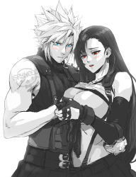 Rule 34 | 1boy, 1girl, black hair, blue eyes, blush, grabbing another&#039;s breast, breasts, breasts out, clothes lift, cloud strife, earrings, elbow gloves, final fantasy, final fantasy vii, final fantasy vii remake, fingerless gloves, gloves, grabbing, greyscale, guided breast grab, guiding hand, hetero, highres, jewelry, large breasts, long hair, monochrome, red eyes, shirt lift, short hair, skirt, spiked hair, sports bra, sports bra lift, spykeee, square enix, suspender skirt, suspenders, swept bangs, tifa lockhart, undressing another