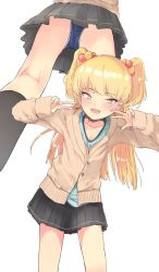 Rule 34 | 1girl, :d, black skirt, blonde hair, blue panties, blue shirt, blush, brown cardigan, cardigan, collarbone, commentary, double v, dutch angle, fangs, fingernails, green eyes, hair ornament, hands up, highres, idolmaster, idolmaster cinderella girls, jougasaki rika, long hair, long sleeves, looking at viewer, multiple views, nose blush, open mouth, panties, pleated skirt, polka dot, polka dot panties, polka dot shirt, ripu (lipi), school uniform, shirt, simple background, skirt, sleeves past wrists, smile, symbol-only commentary, two side up, underwear, upskirt, v, very long hair, white background