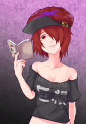 Rule 34 | 1girl, black shirt, book, breasts, cabbie hat, cleavage, clothes writing, commentary request, cookie (touhou), grin, hair between eyes, hair over one eye, hat, hecatia lapislazuli, highres, holding, holding book, ktgijgkgdusimn (cookie), looking at viewer, medium breasts, off-shoulder shirt, off shoulder, purple background, red eyes, red hair, red hat, shirt, short hair, smile, solo, t-shirt, touhou, upper body, yan pai