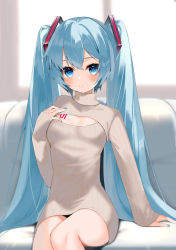 Rule 34 | 1girl, arm support, backlighting, blue eyes, blue hair, blue nails, blurry, blurry background, blush, breasts, brown sweater, commentary, couch, day, depth of field, eyebrows hidden by hair, feet out of frame, hair between eyes, hand up, hatsune miku, highres, long hair, long sleeves, meme attire, nail polish, on couch, open-chest sweater, parted lips, reirou (chokoonnpu), sitting, sleeves past wrists, small breasts, solo, sunlight, sweater, symbol-only commentary, turtleneck, turtleneck sweater, twintails, very long hair, vocaloid, window