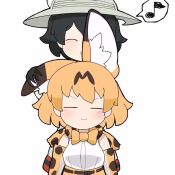 Rule 34 | 2girls, :3, :d, = =, ^ ^, animal ear fluff, animal ears, animated, behind another, black hair, blouse, bow, bowtie, brown hair, chibi, closed eyes, closed mouth, elbow gloves, extra ears, facing viewer, gloves, headpat, helmet, kaban (kemono friends), kemono friends, looping animation, medium hair, multicolored hair, multiple girls, musical note, open mouth, orange hair, pith helmet, serval (kemono friends), shirt, simple background, sleeveless, sleeveless shirt, smile, spoken musical note, taro (tontaro), traditional bowtie, two-tone hair, upper body, v-shaped eyebrows, video, white background
