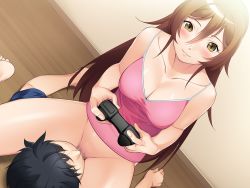 Rule 34 | 1boy, 1girl, blush, bottomless, breasts, brown hair, censored, cleavage, closed mouth, controller, cunnilingus, floor, game cg, game controller, groin, holding, hyoui kanojo: tsukikano, indoors, large breasts, legs, long hair, looking at viewer, lying, makino anri, mosaic censoring, nana g, no panties, oral, original, playing, playing games, pussy, sitting, sitting on face, sitting on person, smile, solo focus, thighs, yellow eyes