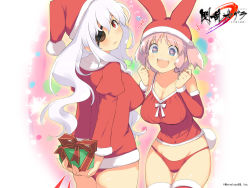 Rule 34 | + +, 10s, 2girls, :d, :o, animal ears, arms behind back, ass, bare shoulders, blue eyes, blush, bow, breasts, camisole, christmas, christmas lights, cleavage, detached sleeves, embarrassed, eyepatch, fake animal ears, fingernails, from behind, fur trim, gift, hair between eyes, happy, hat, hibari (senran kagura), highres, holding, holding gift, huge breasts, knees together feet apart, lace, large breasts, long fingernails, long hair, looking at viewer, looking back, midriff, multicolored eyes, multiple girls, no pants, official art, official wallpaper, open mouth, panties, pink eyes, pink hair, rabbit ears, rabbit tail, red eyes, red legwear, red panties, santa costume, santa hat, senran kagura, short hair, short twintails, sidelocks, smile, snowflakes, standing, symbol-shaped pupils, tail, thigh gap, thighhighs, twintails, underwear, wavy hair, white hair, yaegashi nan, yagyu (senran kagura)