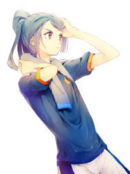 Rule 34 | 1boy, 1girl, aqua hair, arm up, blue shirt, brown eyes, crest, hand in own hair, hand on own head, hand on own neck, highres, inazuma eleven, inazuma eleven (series), kazemaru ichirouta, long hair, looking to the side, male focus, ponytail, sayori (oskn), shirt, short sleeves, shorts, simple background, solo, sweatdrop, t-shirt, towel, towel around neck