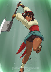 Rule 34 | 1girl, ajna (indivisible), ankle wrap, artist name, axe, beads, bike shorts, bracelet, brown eyes, brown hair, dark-skinned female, dark skin, indivisible, jewelry, jumping, leg up, midair, open mouth, polarityplus, sandals, sash, short hair, solo, watermark, weapon