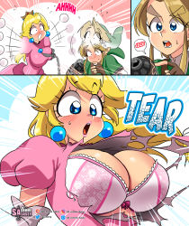 Rule 34 | 1boy, 1girl, absurdres, assisted exposure, blonde hair, blue background, blue eyes, blush, bra, breasts, brown gloves, cleavage, comic, constricted pupils, crown, dress, earrings, elbow gloves, fingerless gloves, gloves, green headwear, hat, highres, jewelry, large breasts, link, lips, long hair, mario (series), nintendo, open mouth, pink background, pink bra, pink dress, pink lips, pointy ears, princess peach, puffy short sleeves, puffy sleeves, sasa tseng, short sleeves, super smash bros., surprised, sweat, teeth, the legend of zelda, the legend of zelda: twilight princess, tongue, torn clothes, underwear, upper body, upper teeth only, wardrobe malfunction, white gloves