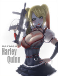 Rule 34 | 1girl, basara, batman (series), black skirt, blonde hair, bloom, blue eyes, breasts, character name, cleavage, dc comics, dress, female focus, frilled skirt, frills, gun, hand on own hip, harley quinn, highres, lipstick, looking at viewer, makeup, miniskirt, pleated skirt, skirt, solo, twintails, weapon